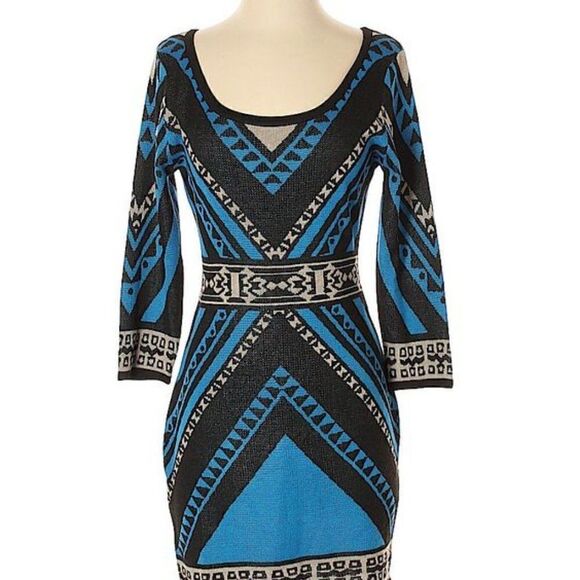 FLYING TOMATO Blue black print knit bodycon holiday party sweater dress S - Picture 1 of 7